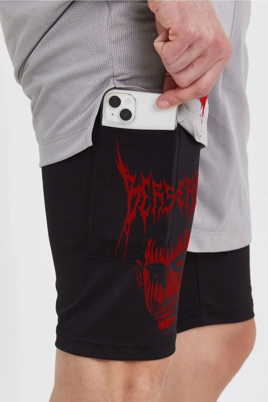 Unisex Berserk Baskılı İç Cepli Sporcu Alt Taytlı Şort - Gri