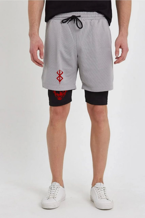 Unisex Berserk Baskılı İç Cepli Sporcu Alt Taytlı Şort - Gri