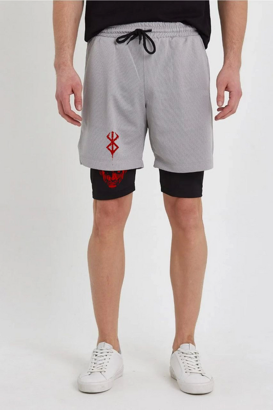 Unisex Berserk Baskılı İç Cepli Sporcu Alt Taytlı Şort - Gri