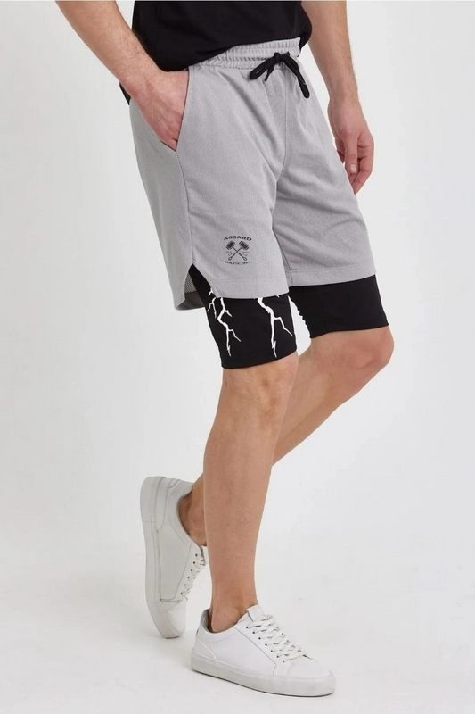 Unisex Thunder Baskılı İç Cepli Sporcu Alt Taytlı Şort - Gri