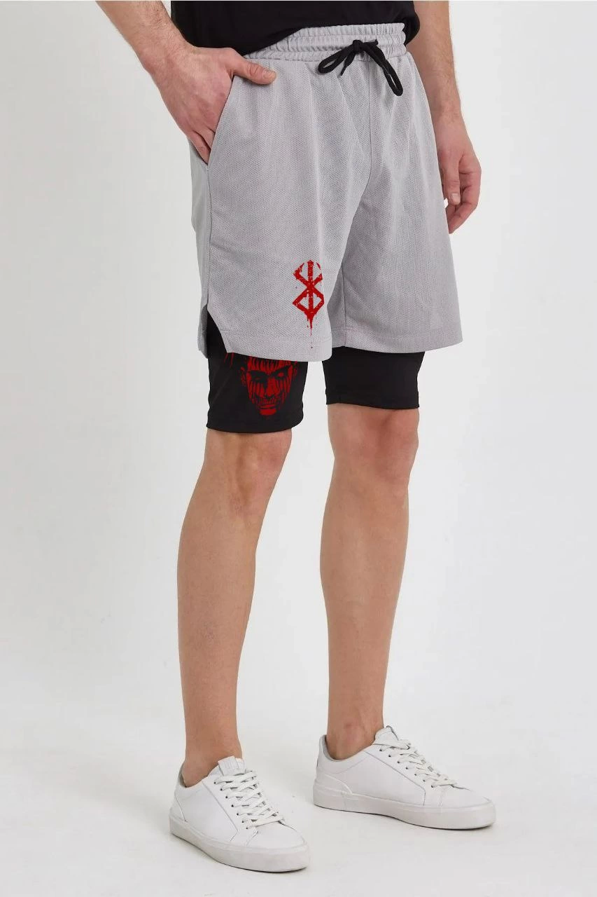 Unisex Berserk Baskılı İç Cepli Sporcu Alt Taytlı Şort - Gri