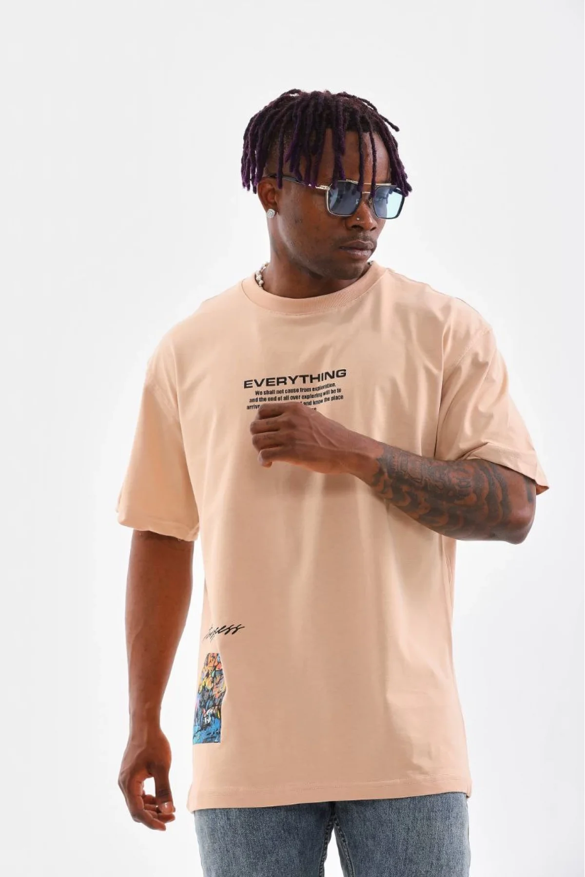 Unisex Bisiklet Yaka Baskılı Oversize T-Shirt