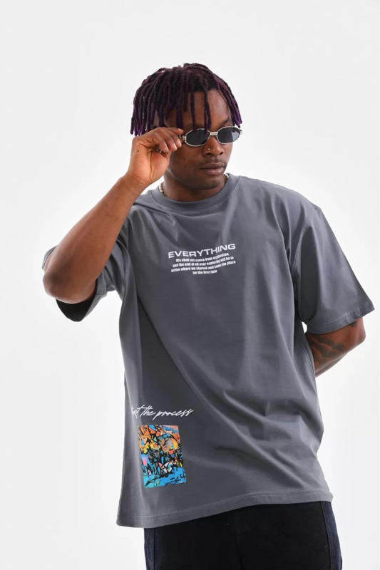 Unisex Bisiklet Yaka Baskılı Oversize T-Shirt