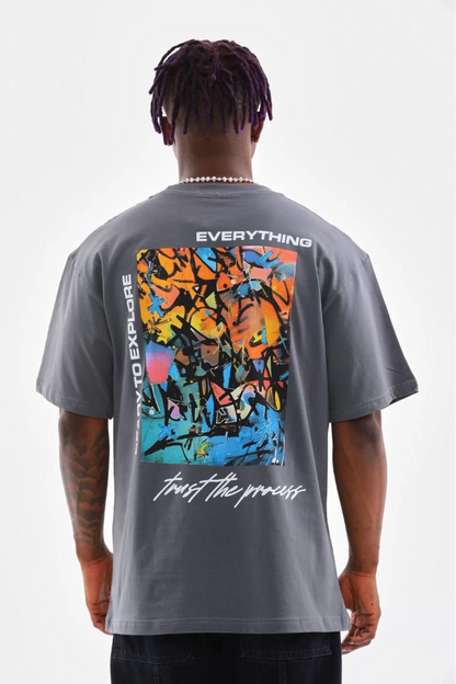 Unisex Bisiklet Yaka Baskılı Oversize T-Shirt