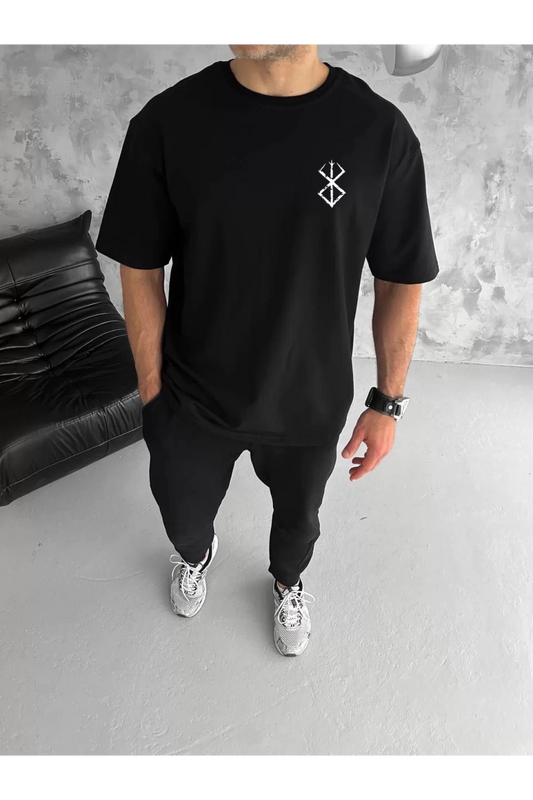 Unisex Bisiklet Yaka BERSERK Baskılı Oversize T-Shirt
