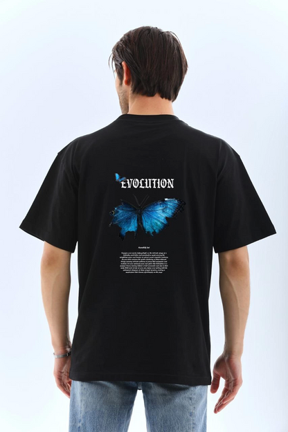 Unisex Bisiklet Yaka Baskılı Oversize T-Shirt - Siyah