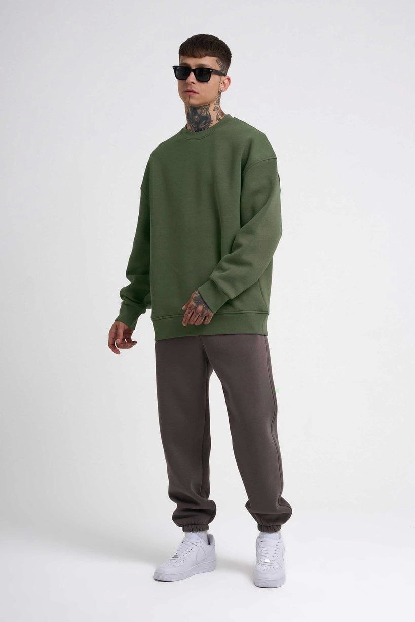 Unisex Biskilet Yaka Üç İplik SweatShirt - Haki
