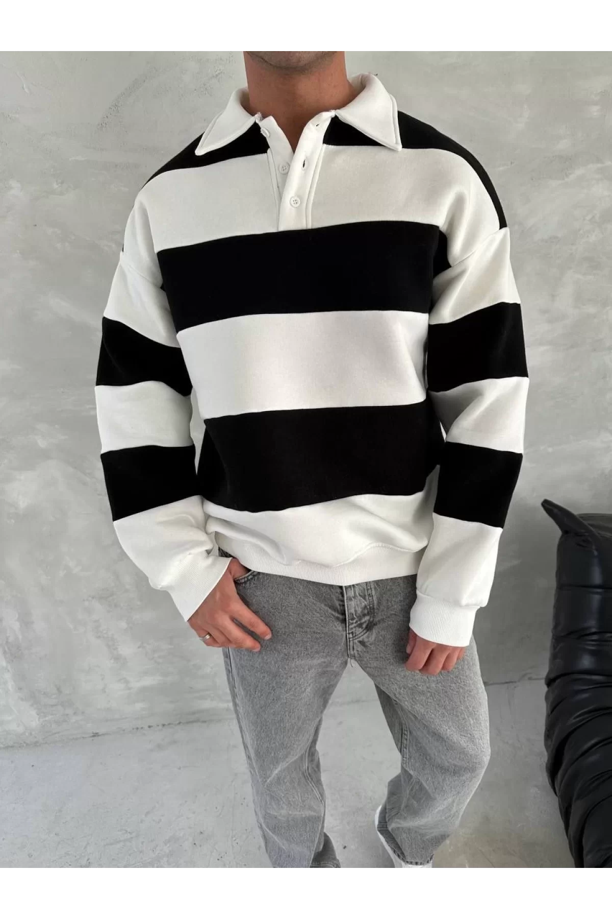 Unisex Üç İplik Parçalı Yakalı SweatShirt
