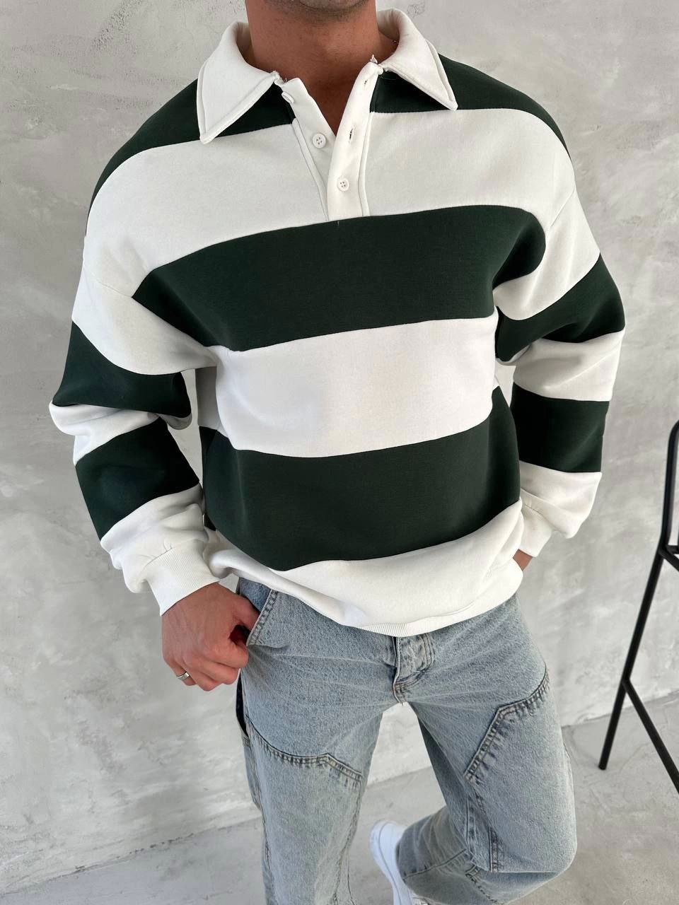 Unisex Üç İplik Parçalı Yakalı SweatShirt