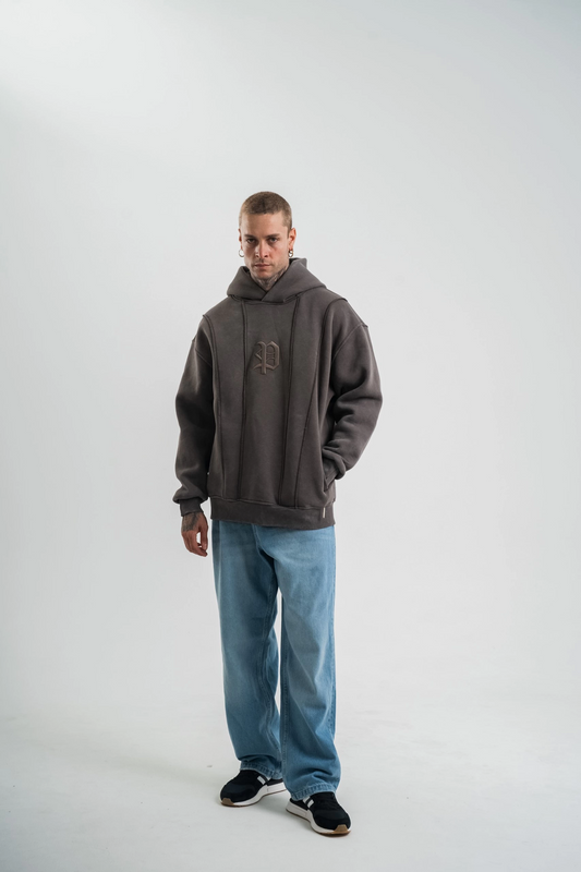 Unisex Uzun Kol Kapşonlu Nakışlı SweatShirt - Füme