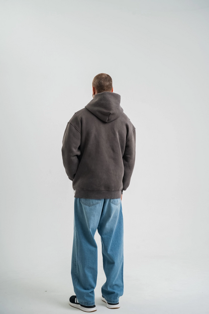 Unisex Uzun Kol Kapşonlu Nakışlı SweatShirt - Füme