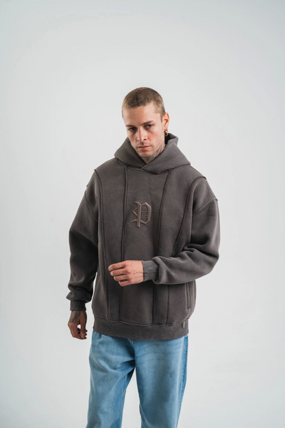 Unisex Uzun Kol Kapşonlu Nakışlı SweatShirt - Füme
