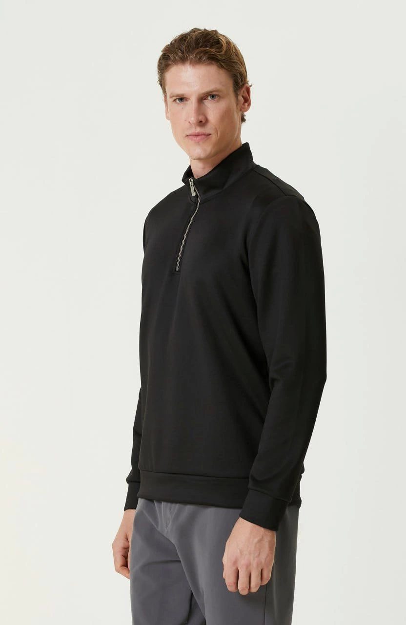 Unisex Yarım Farmuarlı Yakalı Basic SweatShirt - Siyah