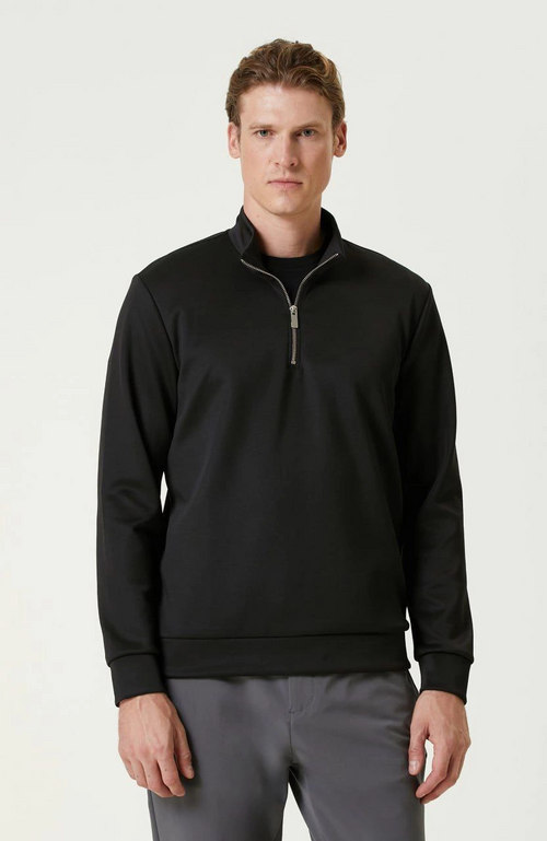 Unisex Yarım Farmuarlı Yakalı Basic SweatShirt - Siyah