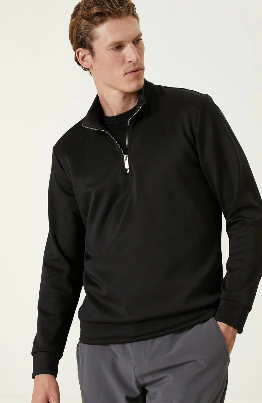 Unisex Yarım Farmuarlı Yakalı Basic SweatShirt - Siyah